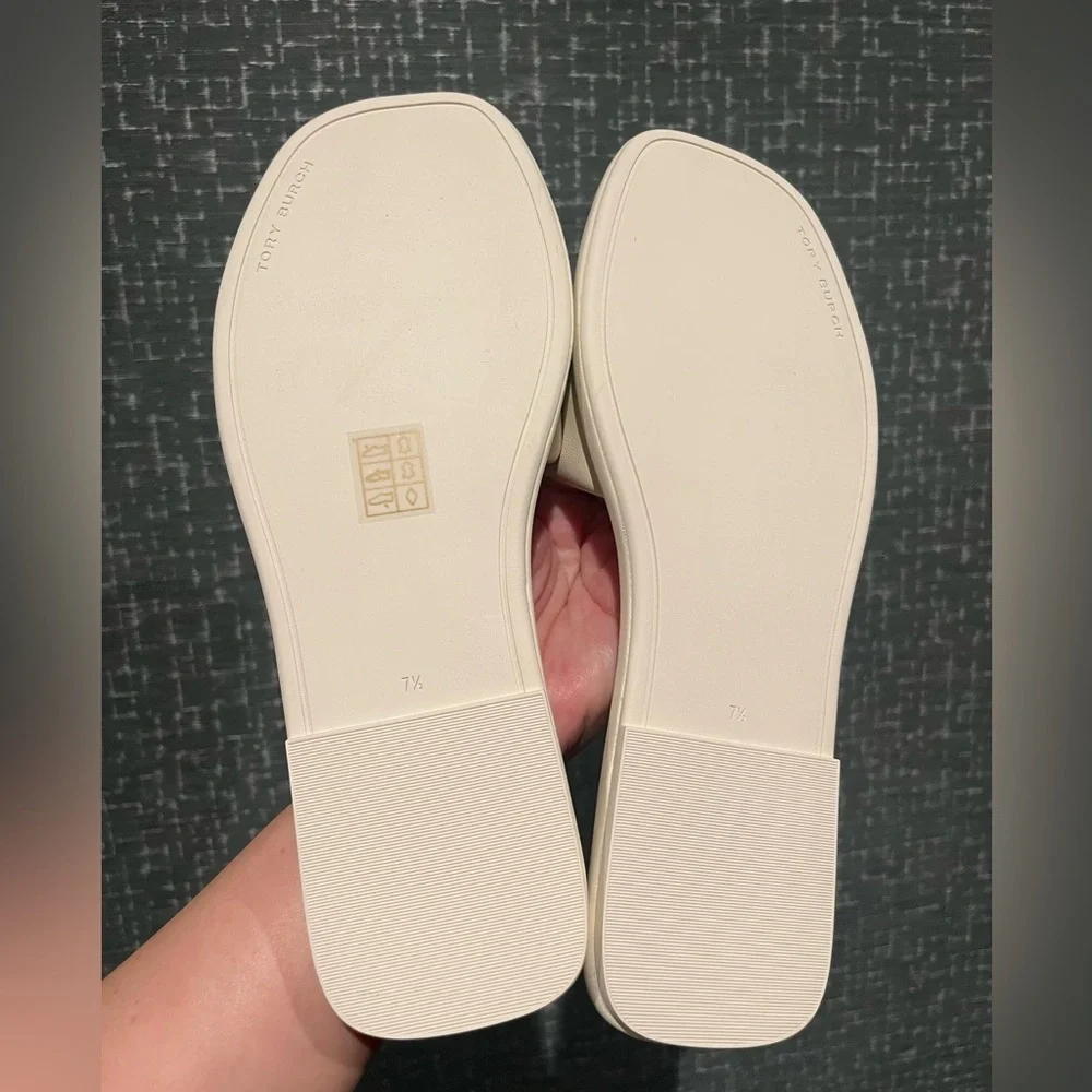 NIB TORY BURCH DOUBLE T SPORT LOGO SLIDE SHOE light cream gold 7.5